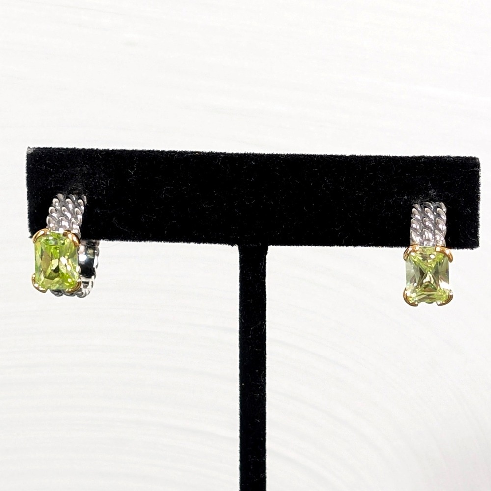 Silver Tone Cable Huggie Hoop Earrings Green CZ Accent Pierced Designer Style
